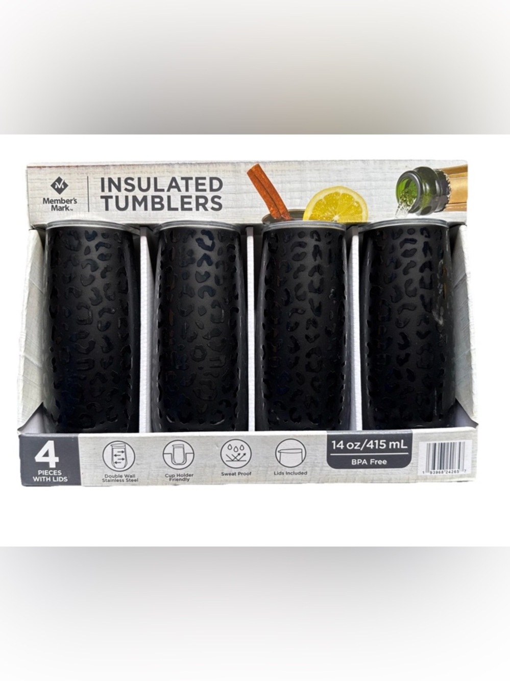 Member's Mark 4 Pack Insulated Tumblers 14oz Stainless Steel Cups Leopard Black
